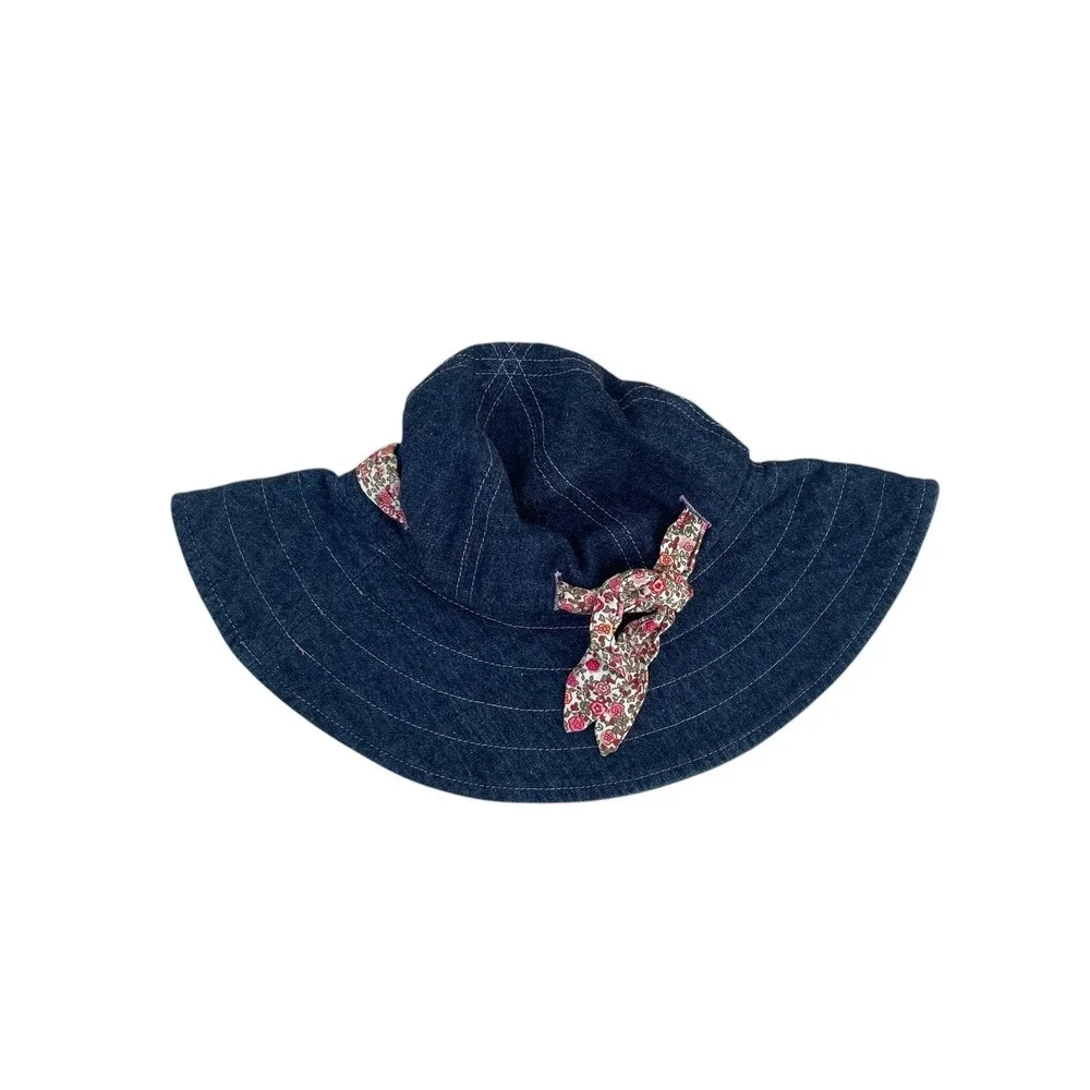 San Diego Hat Co Girls Denim Sun Hat Blue Floral‎ Wide Brim 2-4 Years